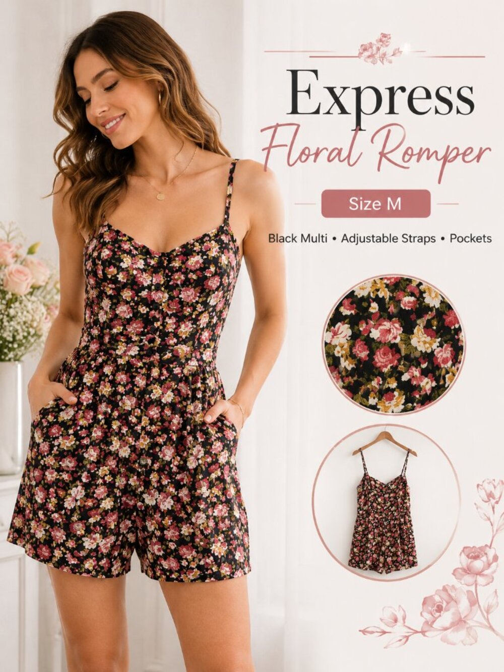 Express Black Pink Floral Button Front Romper Size M 100% Rayon EUC